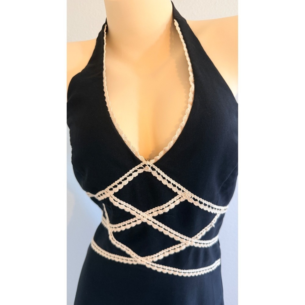 Vintage Byer Too Black Halter Dress Size 11 Crochet Trim V-Neck Backless 90s Y2K - Picture 3 of 11